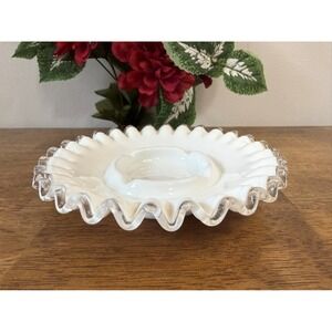 Vintage Fenton Silver Crest Milk Glass Ruffled Bowl Dish MCM Decor Wedding